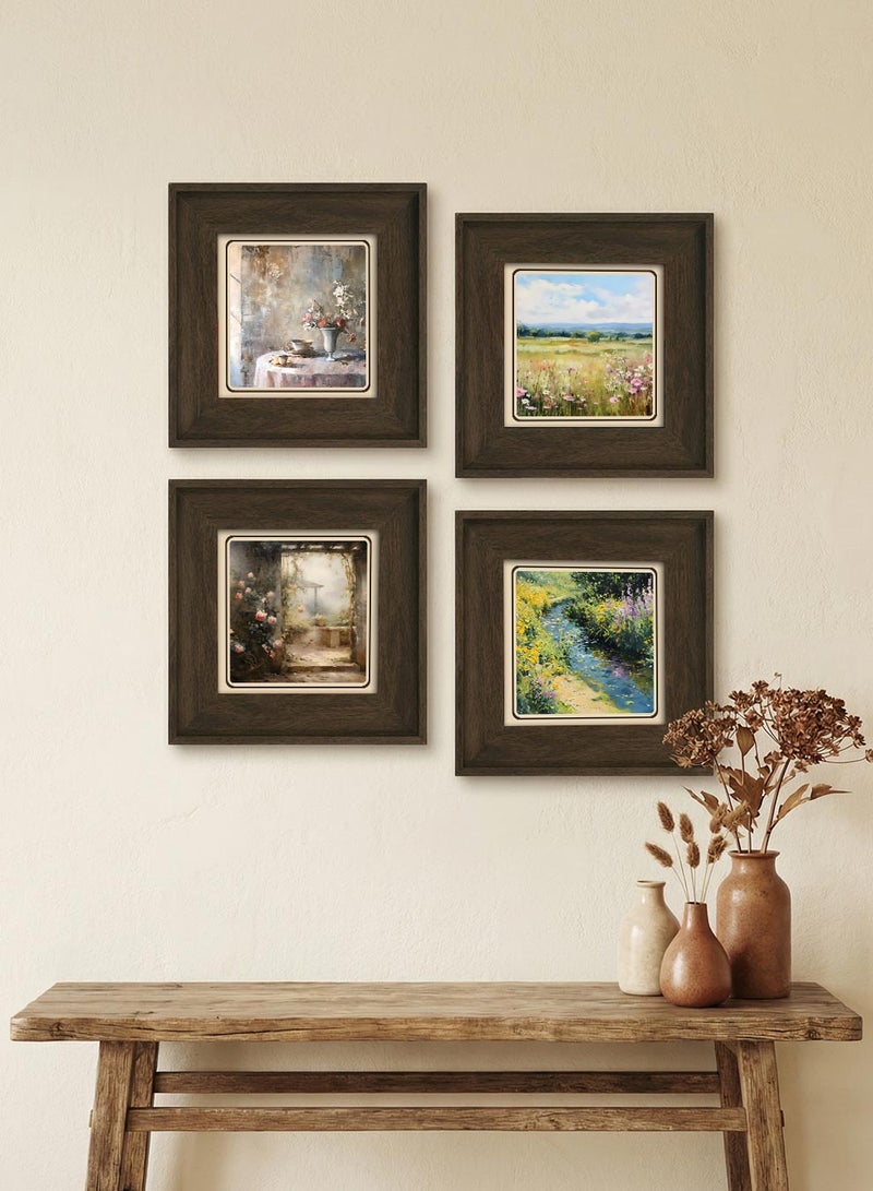 LOWHA Set of 4 Canvas Wall Art Stretched Over Wooden Frame with Vintage Brown Floating Frame and Pastoral Calm Design - Image 3